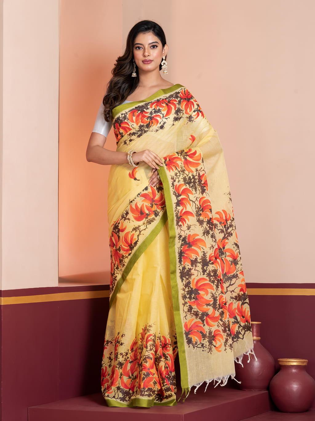 TA 087... Hand-Painted Saree, Dhaniakhali Tant - Image 1
